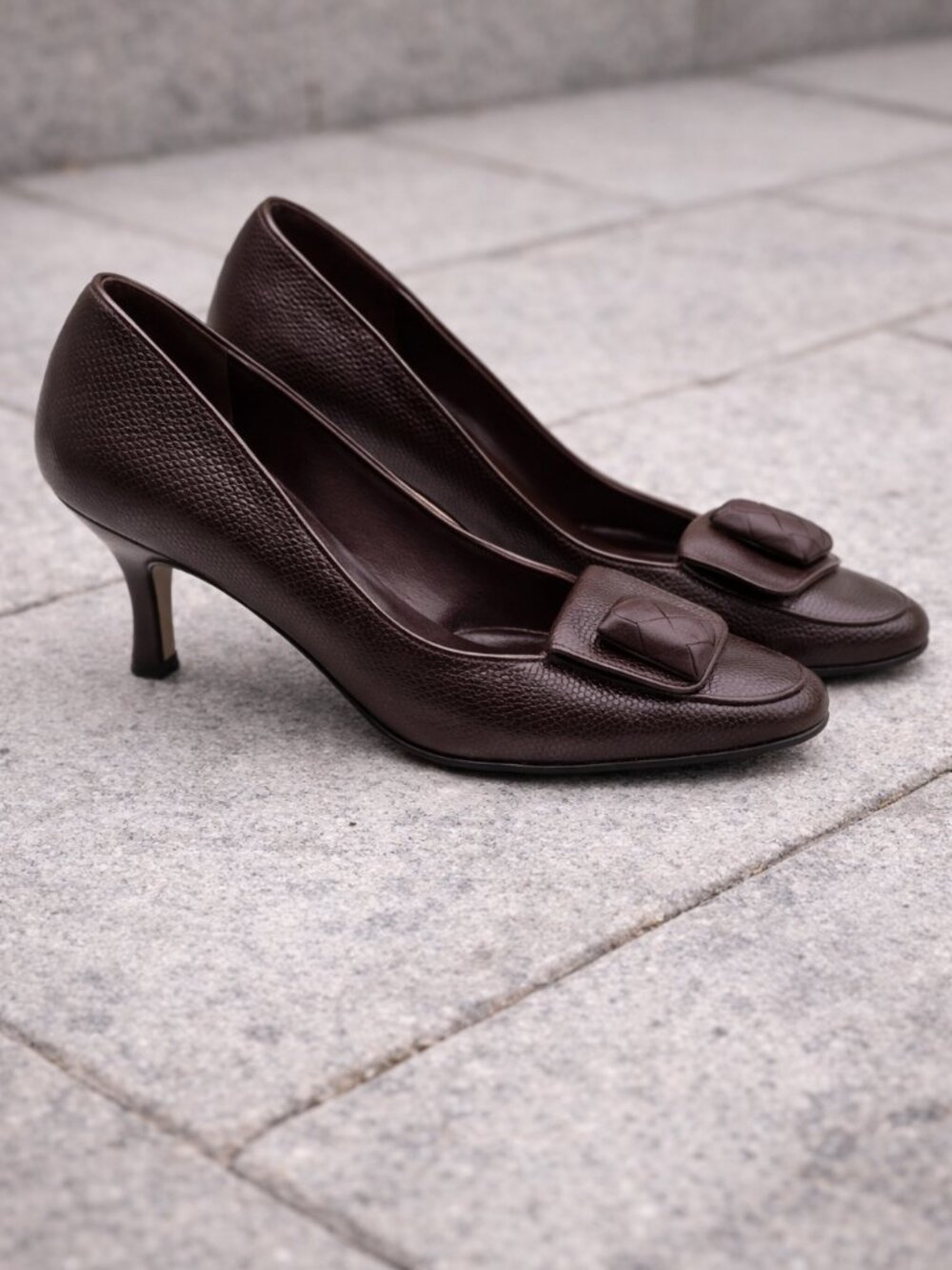 Salvatore Ferragamo TAM Fondente Brown Leather Square Toe Pumps 5B Italy